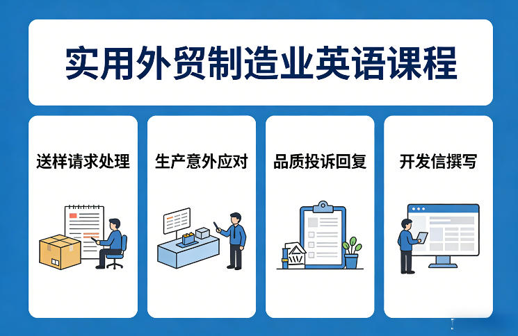 实用外贸制造业英语课程，教你*处理送样请求、应对生产意外、回复品质投诉、撰写开发信等