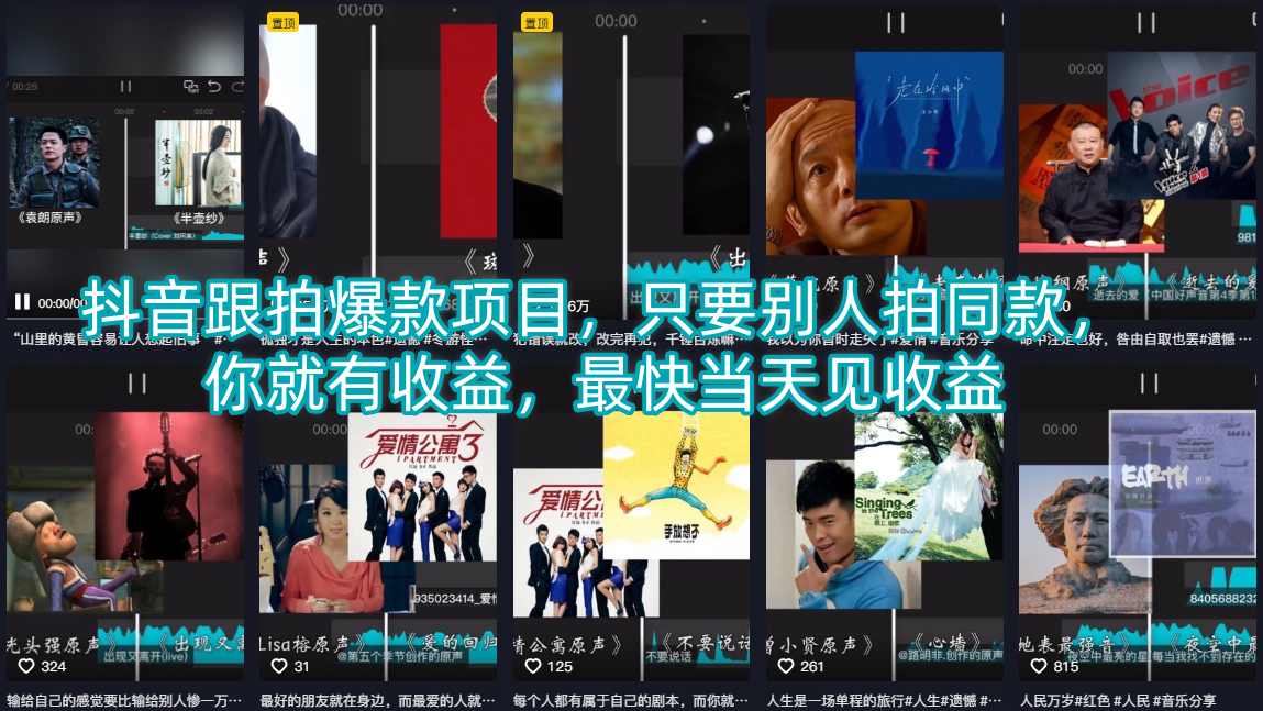 抖音跟拍*项目，只要别人拍同款，你就有收益，最快当天见收益