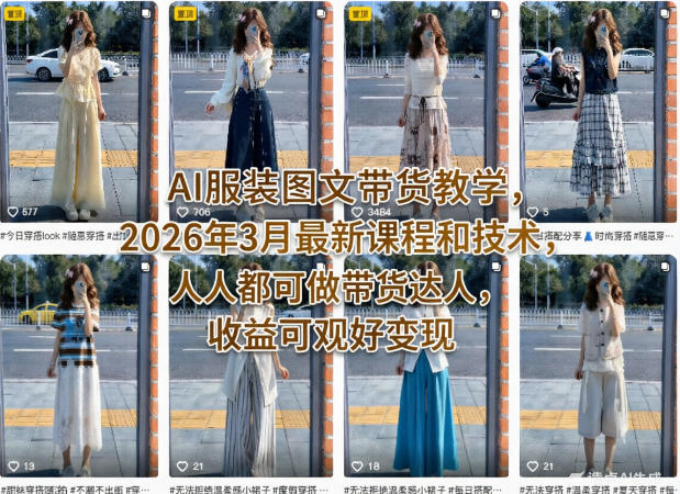 AI服装图文带货教学，2026年3月*课程和技术，人人都可做带货达人，收益可观好变现