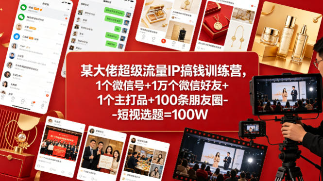 某大佬*流量IP搞钱训练营，1个微信号+1万个微信好友+1个主打品+100条朋友圈-短视选题=100W