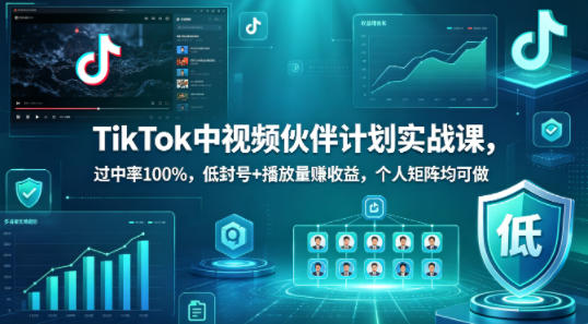 TikTok中视频伙伴计划实战课，过中率*，低封号+播放量賺收益，个人矩阵均可做