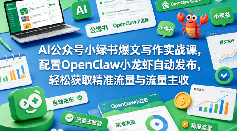 AI公众号小绿书爆文写作实战课，配置OpenClaw小龙虾自动发布，轻松获取*流量与流量主收益