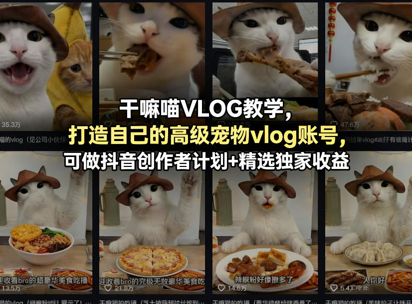干嘛喵VLOG教学，打造自己的*宠物vlog账号，可做抖音创作者计划+精选*收益