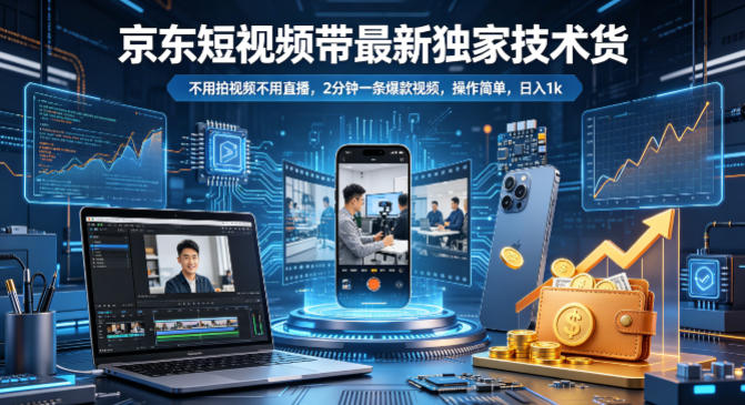 京东短视频带货**技术，不用拍视频不用直播，2分钟一条*视频，操作简单，日入1k+【揭秘】