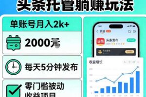 头条托管躺賺玩法，单账号月入2k+，每天5分钟发布即可，零门槛被动收益项目【揭秘】-麦资源网