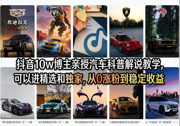 抖音10w博主亲授汽车科普解说教学，可以进精选和*，从0涨粉到*（详细视频课程+1T素材）