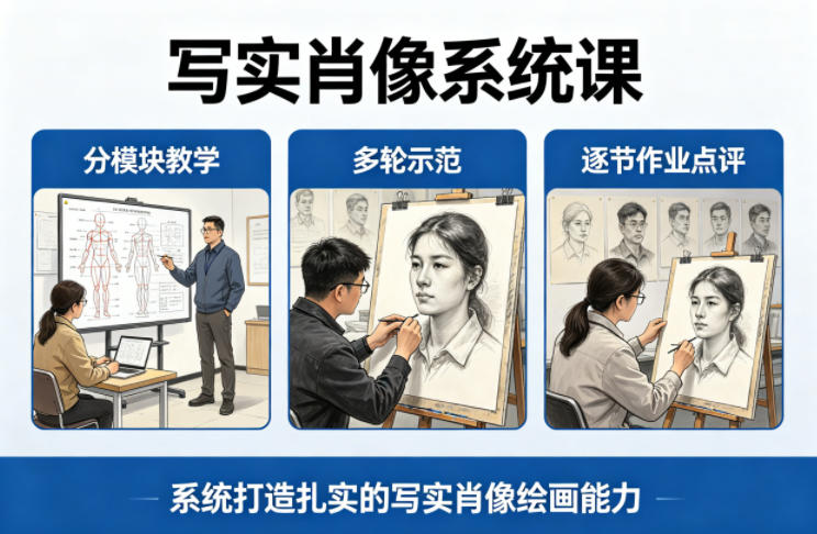 写实肖像系统课，全程分模块教学+多*示范+逐节作业点评，系统打造扎实的写实肖像绘画能力