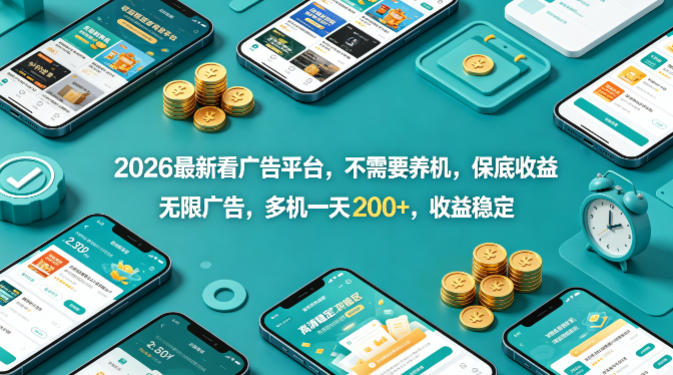 2026*看广告平台，不需要养机，保底收益，无限广告，多机一天200+，收益稳定【揭秘】