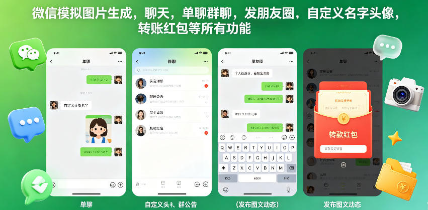 微信模拟图片生成，聊天，单聊群聊，发朋友圈，自定义名字头像，转账红包等*功能都可以生成