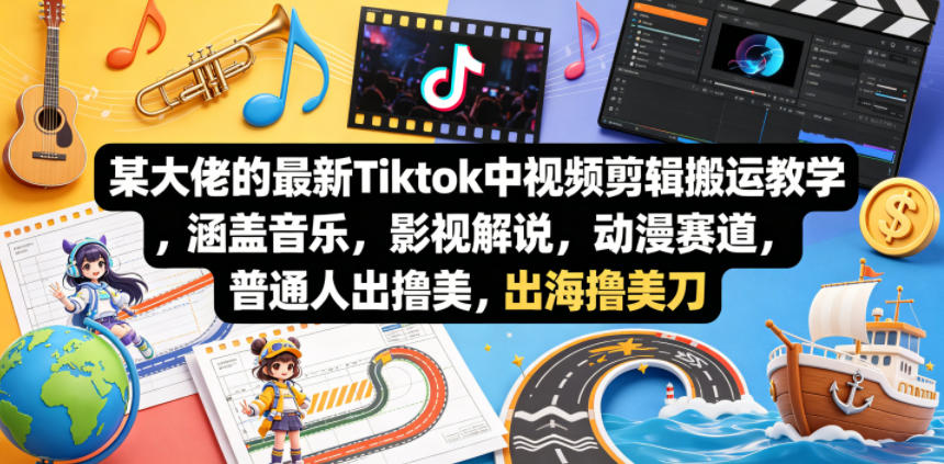 某大佬的*Tiktok中视频剪辑搬运教学，涵盖音乐，影视解说，动漫赛道，普通人出海撸美刀
