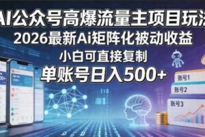 AI公众号高爆流量主项目玩法，2026最新Ai矩阵化被动收益，小白可直接复制，单账号日入500+-麦资源网