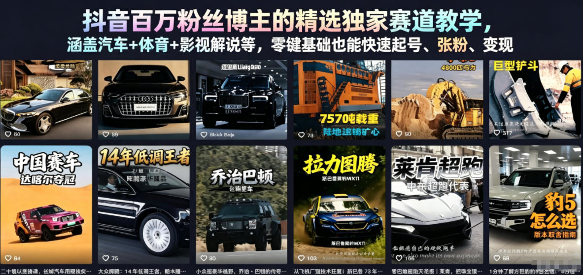 抖音百万粉丝博主的精选*赛道教学，涵盖汽车+体育+影视解说等，零基础也能快速起号、涨粉、变现