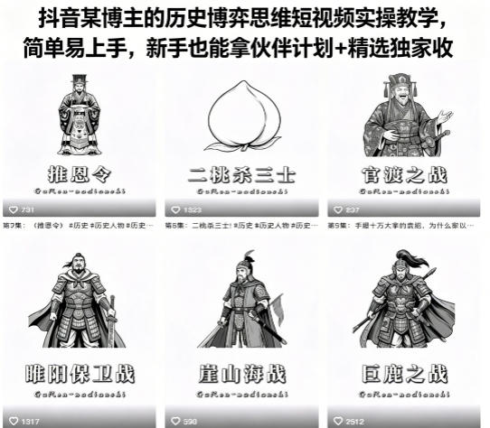 抖音某博主的历史博弈思维短视频实操教学，简单易上手，新手也能拿伙伴计划+精选*收益