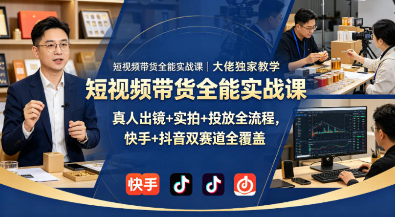 短视频带货全能实战课｜大佬*教学，真人出镜+实拍+投放全流程，快手+抖音双赛道全覆盖