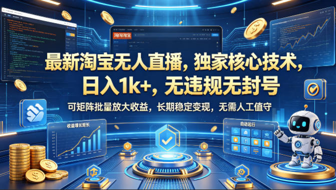 *淘宝无人直播，**技术，日入1k+，无*无封号，可矩阵批量放大，长期稳定，无需人工值守【揭秘】