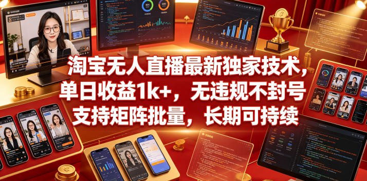 淘宝无人直播**技术，单日收益1k+，无*不封号，支持矩阵批量，长期可持续【揭秘】