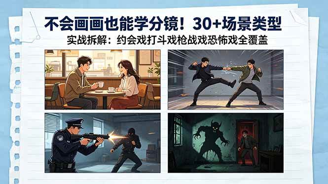图片[1]-（18591期）不会画画也能学分镜！30+场景类型实战拆解：约会戏打斗戏枪战戏恐怖戏全覆盖