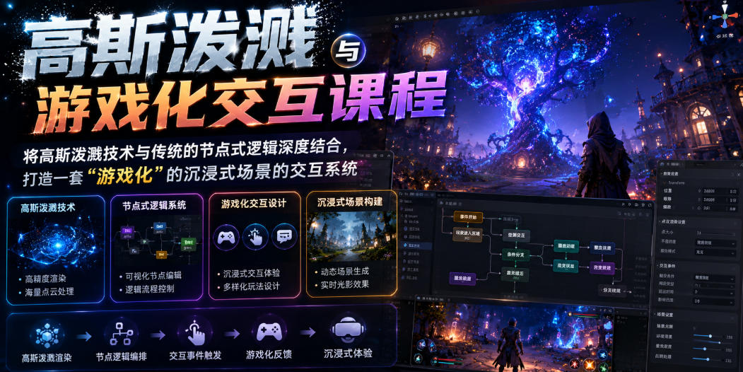 高斯泼溅与游戏化交互课程，将高斯泼溅技术与传统的节点式逻辑*结合，打造一套“游戏化”的沉浸式场景的交互系统