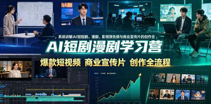 AI短剧漫剧学习营，系统讲解AI短剧、漫剧、影视预告片、*短视频与商业宣传片的创作全流程