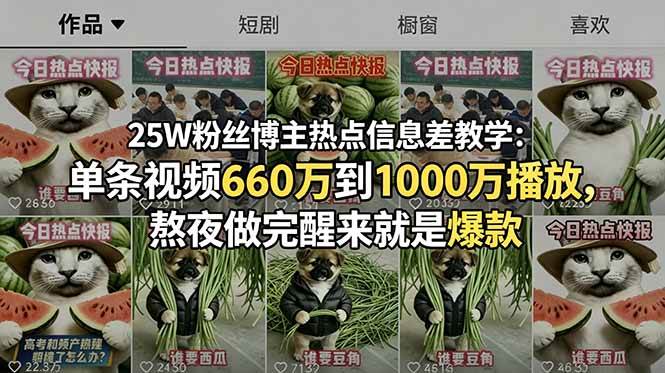 图片[1]-（18803期）25W粉丝博主热点信息差教学：单条视频660万到1000万播放，熬夜做完醒来就是爆款