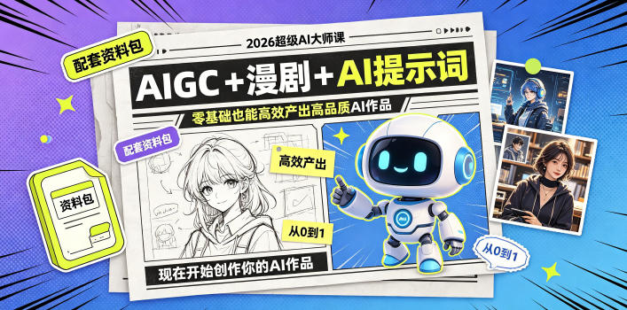 2026*AI大师课，AIGC+漫剧+AI提示词+配套资料包，零基础也能*产出高品质AI作品