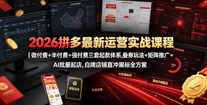 2026拼多多*运营实战课程｜微付费+半付费+强付费三套起款体系，叠券玩法+矩阵推广+AI批量起店，白牌店铺直冲黑标全方案