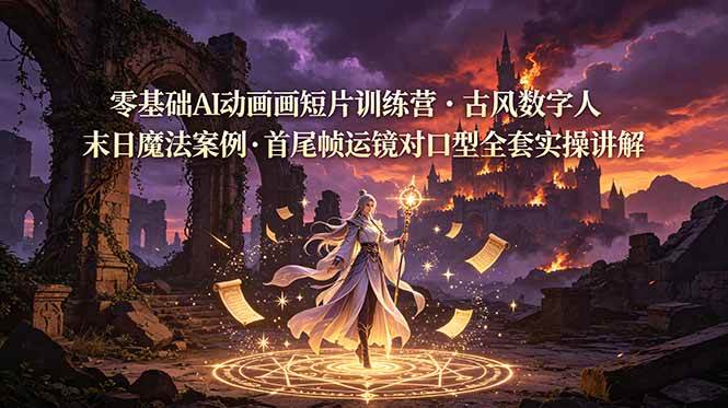 图片[1]-（19078期）零基础AI动画短片训练营，古风数字人末日魔法案例，首尾帧运镜对口型全套实操讲解