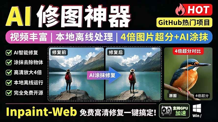 图片[1]-（19073期）本地离线处理，4倍图片超分+AI涂抹去水印！ Github上热门神器，免费高清修复图一键搞定！Inpaint-Web