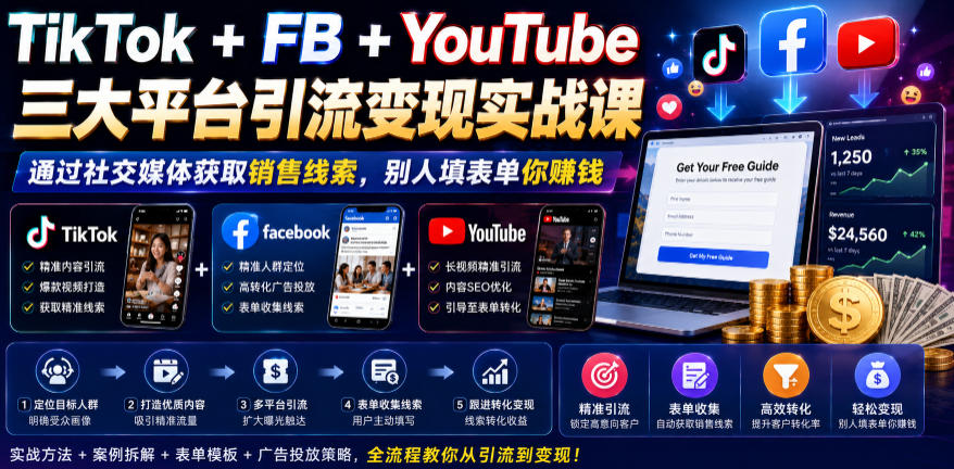 TikTok+FB+*三大平台引流变现实战课，通过社交媒体获取销售线索，别人填表单你賺钱【原创双语字幕】