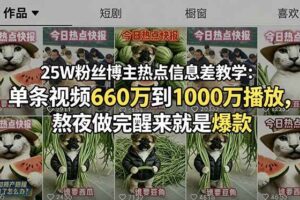 （18870期）25W粉丝博主热点信息差教学-更新：单条视频660万到1000万播放，熬夜做完醒来就是爆款-麦资源网