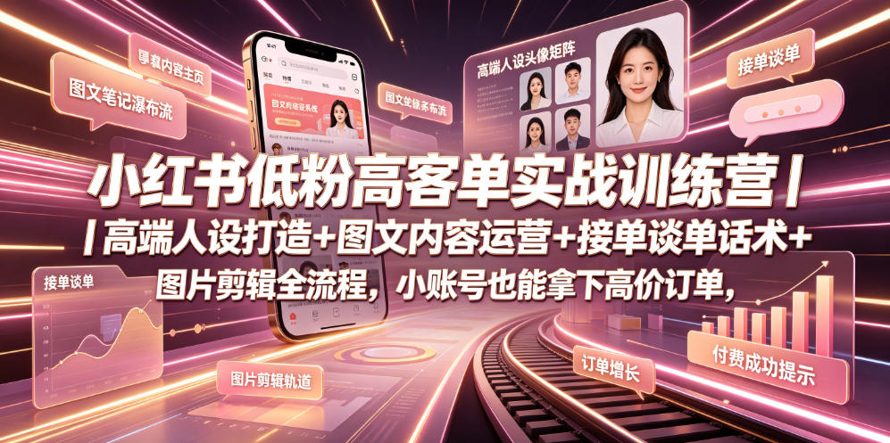 小红书低粉高客单实战训练营｜*人设打造+图文内容运营+接单谈单话术+图片剪辑全流程，小账号也能拿下高价订单