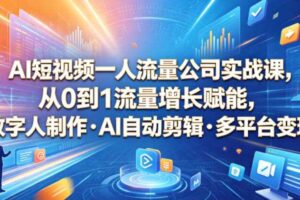 AI短视频一人流量公司实战课，从0到1流量增长赋能，数字人制作・AI自动剪辑・多平台变现，一人做流量生意全落地教程-麦资源网