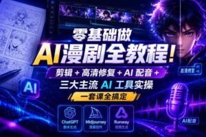 零基础做AI漫剧全教程！剪辑+高清修复+AI配音+三大主流AI工具实操，一套课全搞定-麦资源网