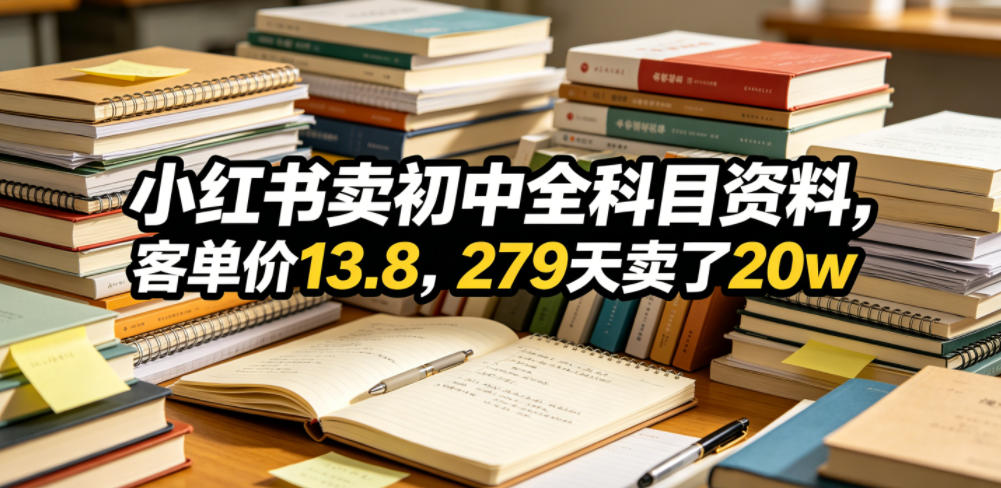 小红书卖初中全科目资料，客单价13.8，279天卖了20w