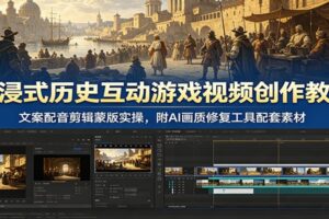 沉浸式历史互动游戏视频创作教学：文案配音剪辑蒙版实操，附AI画质修复工具配套素材-麦资源网