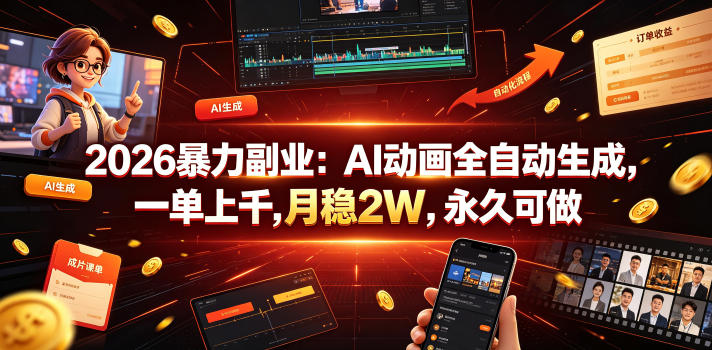 2026*副业：AI动画全自动生成，一单上千，月稳2W，*可做【揭秘】