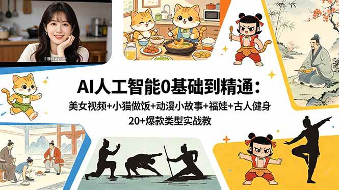 图片[1]-（18685期）AI人工智能0基础到精通：美女视频+小猫做饭+动漫小故事+福娃+古人健身，20+爆款类型实战教学