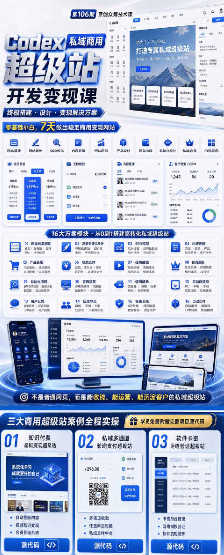 Codex私域商用*站Ai开发变现课，7天带你从零基础到能自己动手做出能收钱、能运营、能沉淀客户的私域*站