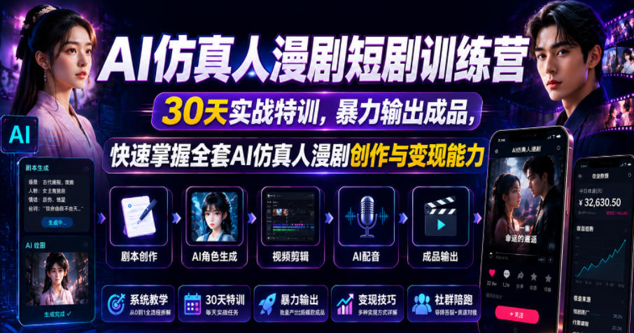 AI仿真人漫剧短剧训练营，30天实战特训，*输出成品，快速掌握全套AI仿真人漫剧创作与变现能力
