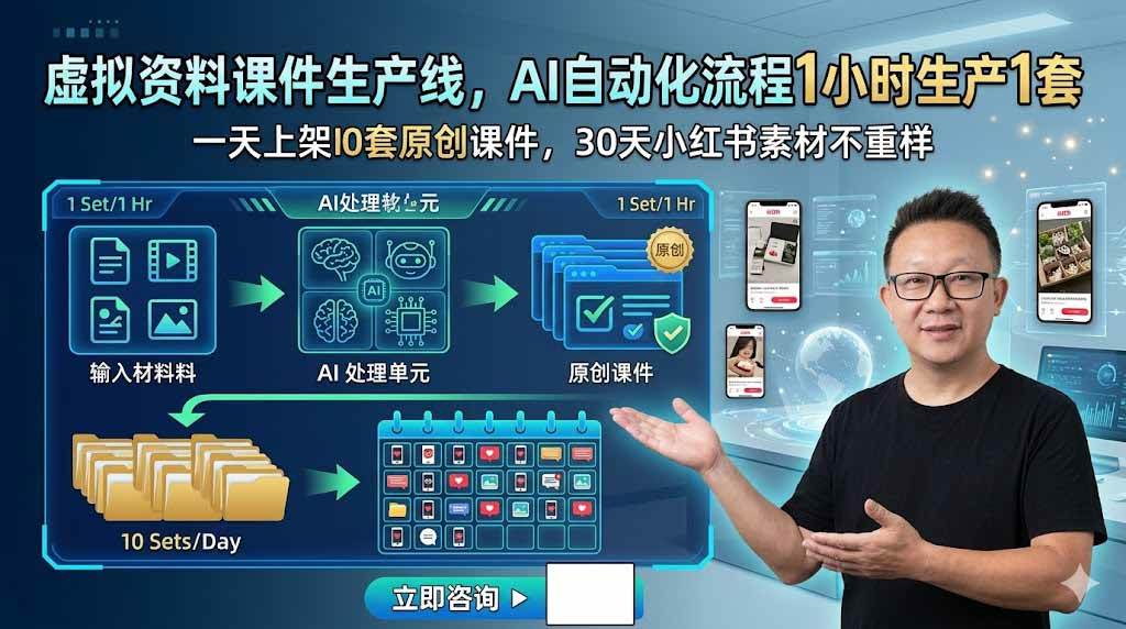 图片[1]-（19091期）虚拟资料课件生产线，AI自动化流程1小时生产1套，一天上架10套原创课件，30天小红书素材不重样
