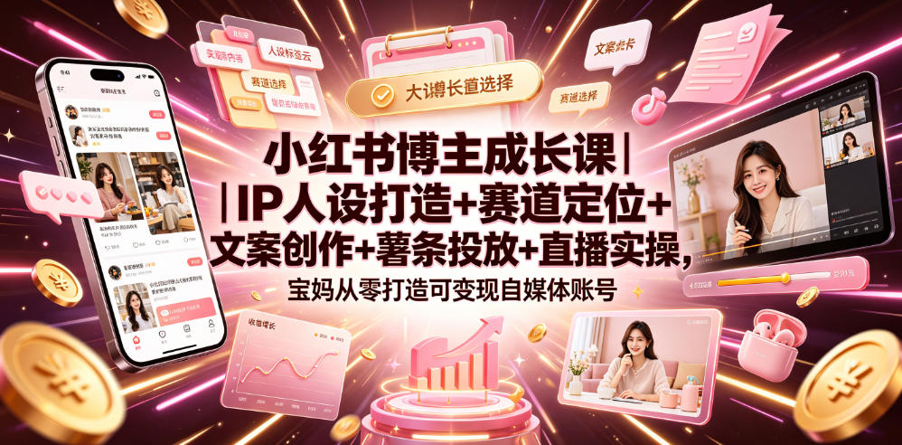 小红书博主成长课｜IP人设打造+赛道*+文案创作+薯条投放+直播实操，宝妈从零打造可变现自媒体账号