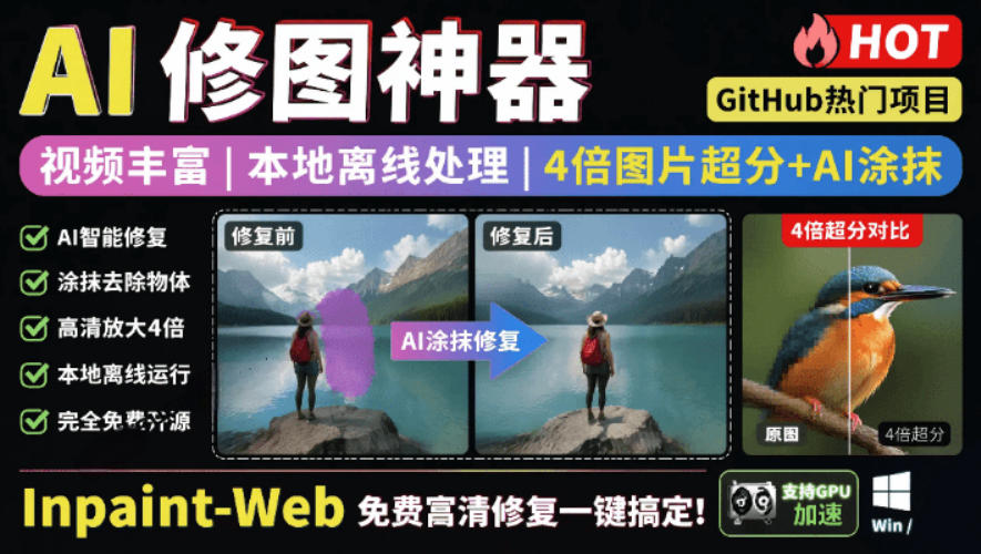本地离线处理，4倍图片超分+AI涂抹去水印！Github上热门*，免费高清*图一键搞定！Inpaint-Web