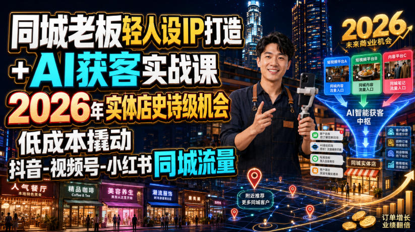 同城*轻人设IP打造+AI获客实战课，2026年实体店史诗级机会，低成本撬动抖音-视频号-小红书同城流量
