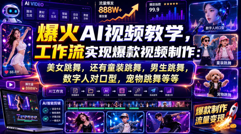 爆火AI视频教学，工作流实现*视频制作：美女跳舞，还有童装跳舞，男生跳舞，数字人对口型，宠物跳舞等等