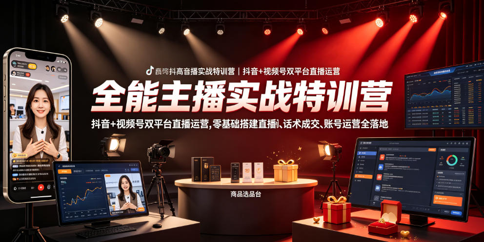 全能主播实战特训营｜抖音+视频号双平台直播运营，零基础搭建直播间、*选品、话术*、账号运营全落地