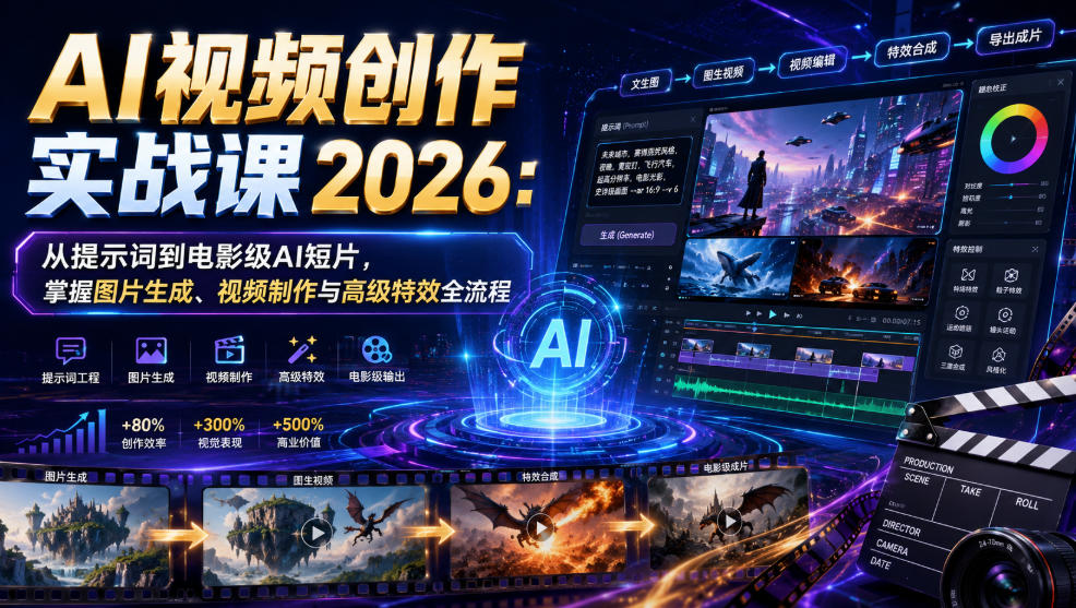 AI视频创作实战课2026：从提示词到电影级AI短片，掌握图片生成、视频制作与**全流程