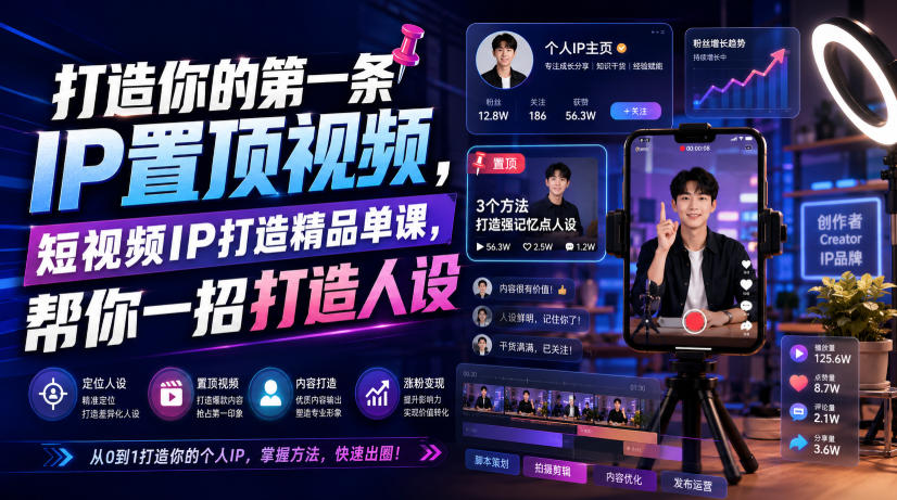 打造你的*条IP置顶视频，短视频IP打造精品单课，帮你一招打造人设