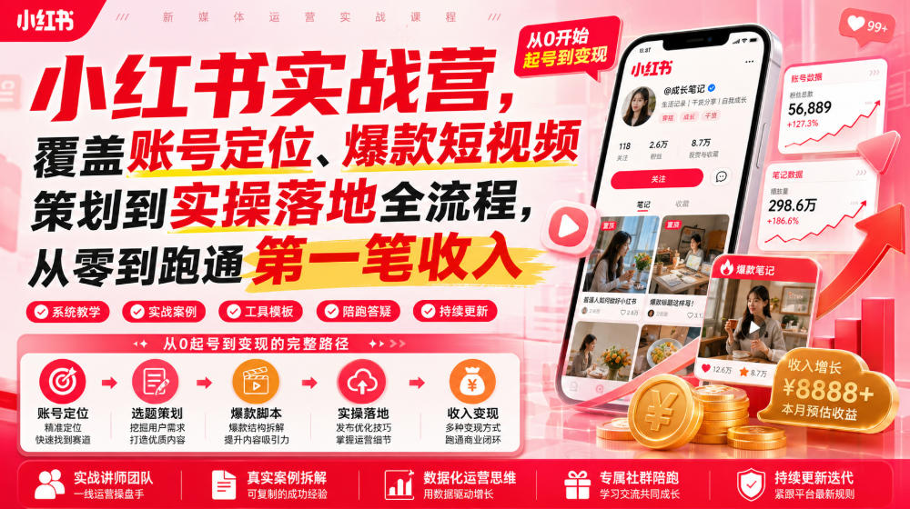 小红书实战营，覆盖账号*、*短视频策划到实操落地全流程，从零到跑通*笔收入