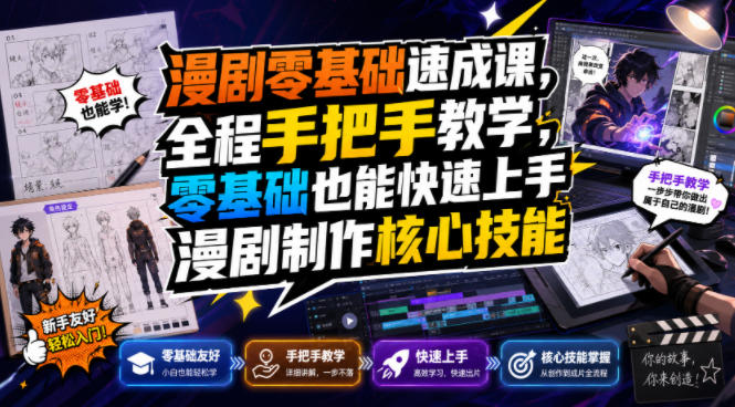 漫剧零基础速成课，全程手把手教学，零基础也能快速上手漫剧制作*技能