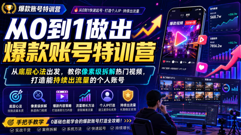 从0到1做出*账号特训营，从底层心法出发，教你像素级拆解热门视频，打造能持续出流量的个人账号